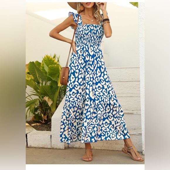 LOLONG Dresses & Skirts - New-Maxi Dress for Women Summer Boho Spaghetti Strap Square Neck Ruffle Dress